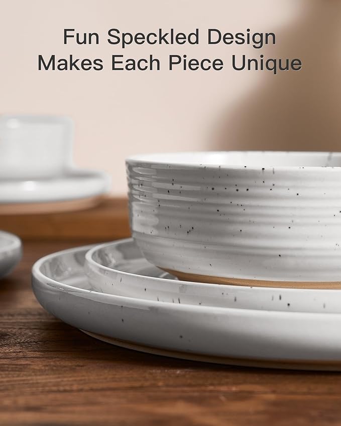 Stoneware Dinnerware Sets, Plate and Bowl Sets for 4, 12 Pieces Spiral Flared Dishware Set with Speckles & Reactive Glaze - Microwave and Dishwasher Safe Tableware, White