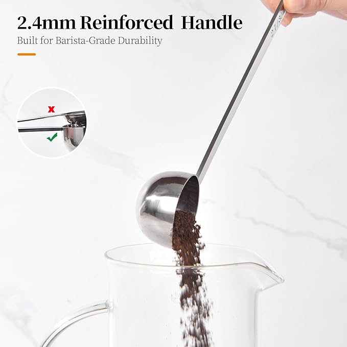 Long Handle Coffee Scoop: 8.6 Inch 18/8 Stainless Steel 2 Tablespoon Metal Measuring Spoon Tbsp Scoop for Coffee Beans, Grounds Coffee, Coffee Powder, Tea, Tall Jars (2Tbsp/30ml)
