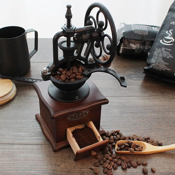 Manual Vintage Style Hand Coffee Grinder, Roller Mill, Cast Iron, Adjustable Grind Thickness