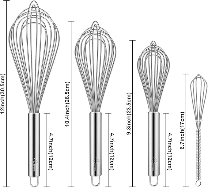 HOTEC 4 Pieces Stainless Steel Whisks Set Wire Whisk Balloon Whisk Egg Beater Kitchen Utensils for Stirring, Beating, Blending