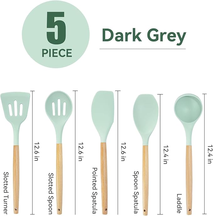 Kitchen Utensils Set, 5 Pcs Non-Stick Silicone Kitchen Cooking Utensils with Wooden Handle, Kitchen Spatula Cookware Utensils Set, Heat Resistant Silicone Kitchen Gadgets (Light Green)