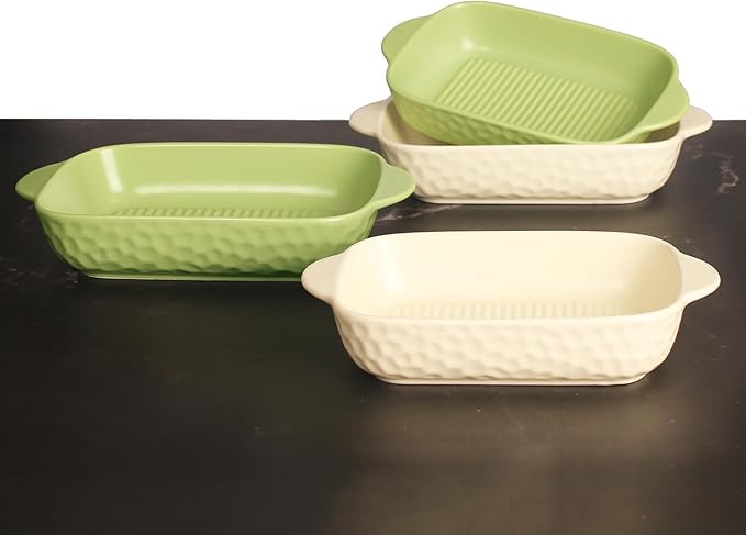 Rectangular Porcelain Baking Dish Set,Au Gratin Dishes,Casserole Dish, Ramekins 21 oz Bakeware Set of 2,Lasagna Pans for Cooking,Cake Dinner,Kitchen, Carry Handles 9.5" x 5.5" (Beige
