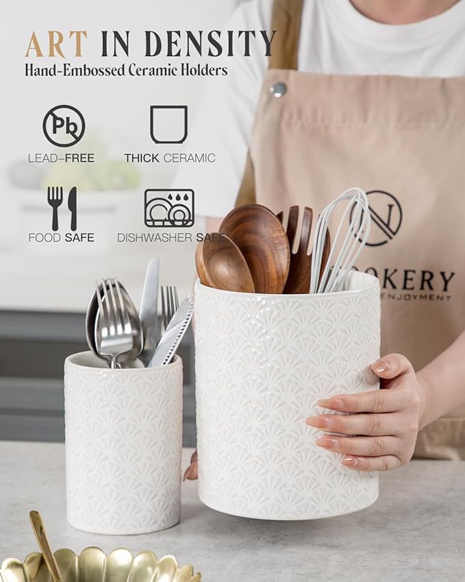 Nucookery Utensil Holder - 7.2"+5.4" Ceramic Utensil Holder for Kitchen Counter, Large Embossed Utensil Crock, Spatula Holder for Counter, Farmhouse Utensil Vase for Housewarming, Kitchen Decor