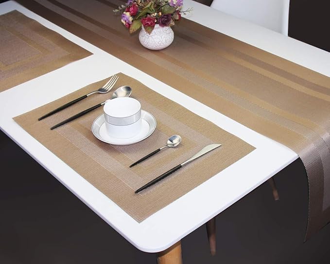 PIGCHCY Placemats with Matching Table Runner,Heat Resistant Vinyl Woven Washable Table mats Sets (6 Placemats+1 Table Runner,Champagne)