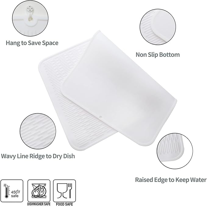 Silicone Dish Drying Mat for Multiple Usage,Easy clean,Eco-friendly,Heat-resistant Silicone Mat for Kitchen Counter or Sink,Refrigerator or Drawer Liner White 3XL 28 inches x 18 inches
