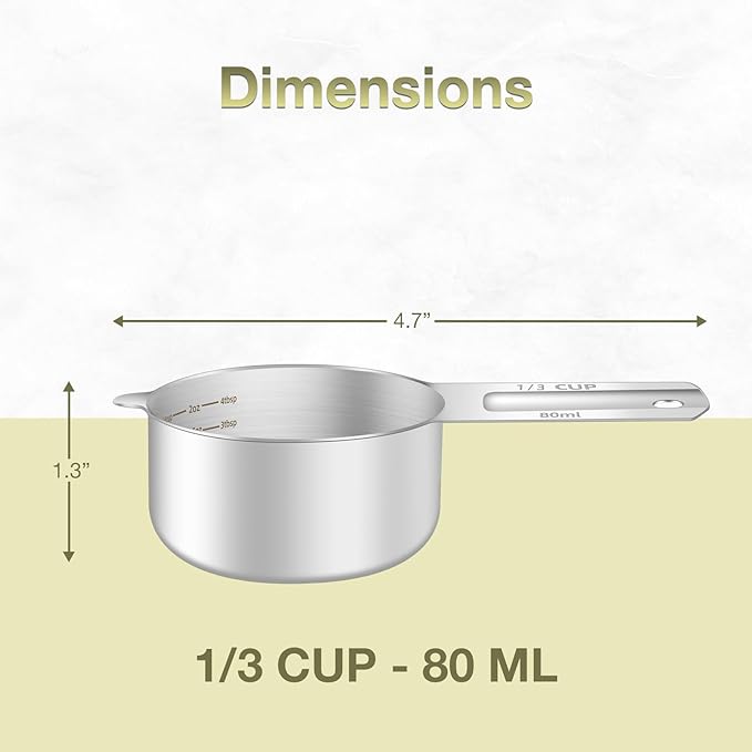 1PCS 1/3Cup (80ml, 2.6oz) Single Measuring Cup, Etched Inner Scale Stainless Steel Measure Scoop, Metric and US Measurement, Dishwasher Safe