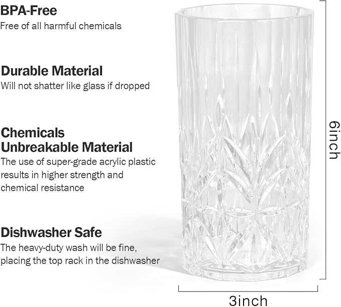 18oz Plastic Drinking Water Tumblers, 8 Pack Shatterproof Tritan BPA-Free Shatterproof Outdoor Highball Drinkware, Reusable Clear Plastic Cups, Dishwasher-Safe