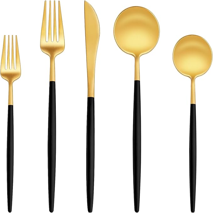 EUIRIO 60-Piece Silverware Set for 12, Stainless Steel Flatware Set Matte Black Gold, Modern Brushed Thick Cutlery Set with Spoons Forks and Knives, Utensil Set for Home Kitchen Hotel Dishwasher Safe