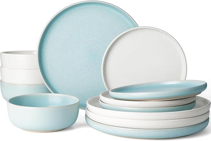 Famiware Milkyway Plates and Bowls Sets, 12 Pieces Dinnerware Sets, Reactive Glaze Dish Set, Stoneware Dishes Set for 4, Matte Beige White & Light Blue