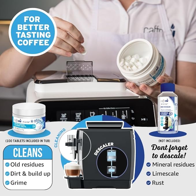 Espresso Cleaning Tablets. 100 x 0.035 oz Coffee Cleaner Tablets. Machine Cleaning Tablets used every 100 cups. Automatic, Superautomatic & Bean to Cup. Use with Descaling