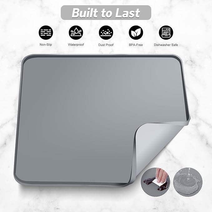 Silicone Coffee Mat,16"×16" Waterproof Heat Resistant Bar Mat for Espresso Machine Station Accessories,Non Slip Dish Drying Mat for Kitchen Counter,Home Decor Essentials,Grey