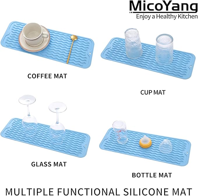 Silicone Dish Drying Mat for Multiple Usage,Easy clean,Eco-friendly,Heat-resistant Silicone Mat for Kitchen Counter,Sink,Bar,Bottle,or Cup Light Blue M 17 inches x 6 inches