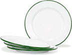Red Co. Set of 4 Enamelware Metal Classic 10" Round Dinner Plate, Solid White/Dark Green Rim