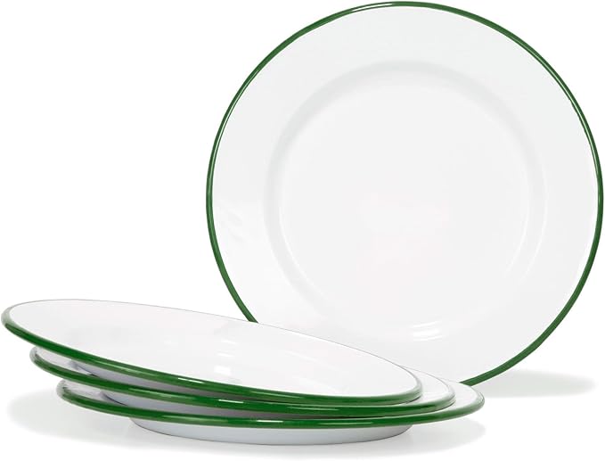 Red Co. Set of 4 Enamelware Metal Classic 10" Round Dinner Plate, Solid White/Dark Green Rim