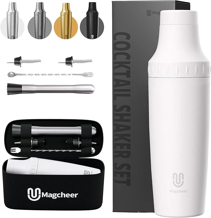Hybrid Cocktail Shaker Set | Vacuum Insulated Stainless Steel Martini Shaker with Strainer & Jigger Lid | Travel cocktail kit with Bartender Accessory Tools | 30oz | White