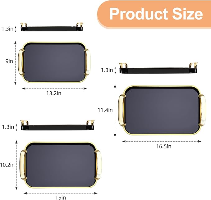 Set of 3 Serving Platters with Handles 16.5/15/13.2 Inch Reusable Large Serving Trays, Party Food Tray, Rectangular Dinner Plates for Cookie, Cake, Turkey, Cheese, Fruit, Snack(Black)