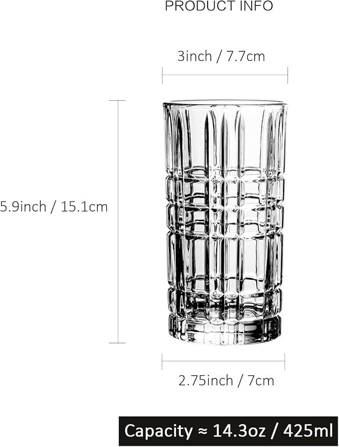 Highball Glasses Set of 6, Tall Beverage Glasses Collins for Water, Juice, Cocktails, Beer, Soda, Wine (14 OZ)