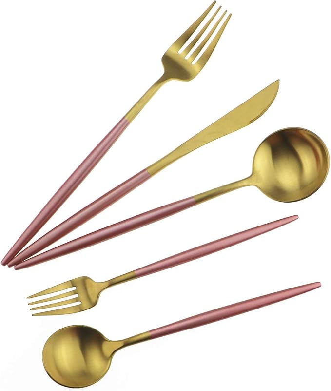 Gugrida Pink Gold Flatware, Royal 20 Piece Matte Pink Handle 18/10 Stainless Steel Tableware Sets for 4 Including Forks Spoons Knives, Camping Silverware Travel Utensils Set Cutlery (Pink Gold)
