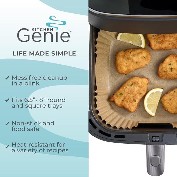 KITCHEN GENIE BPA-Free Air Fryer Liners Disposable, 200 PCS, Non-Stick Oil Proof Parchment Paper Sheets for Easy Clean Cooking, Fits 5-8 QT Basket, Microwave, Toaster Oven, Free of Bleach, 8 In Square