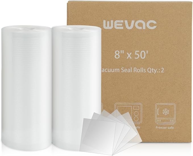 Wevac Vacuum Sealer Bags 8x50 Rolls 2 pack for Food Saver, Seal a Meal, Weston. Commercial Grade, BPA Free, Heavy Duty, Great for vac storage, Meal Prep or Sous Vide