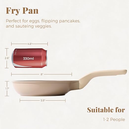 Nonstick Frying Pan, 8/10/12 Inch Skillet with Stay Cool Handle, Stain/Scratch/Crack Proof, Induction Compatible & Oven Safe, Dishwasher Safe, PTFE & PFOA Free (8 Inch, Natural Linen)