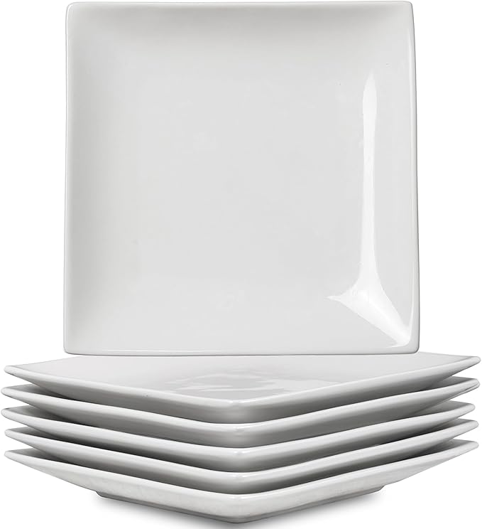 Appetizer Plates Set of 6, 6 Inch Porcelain Dessert Plates, White Stackable Square Salad Plates for Snack Steak Bread Butter, Chip and Scratch Resistant, Microwave and Dishwasher Safe
