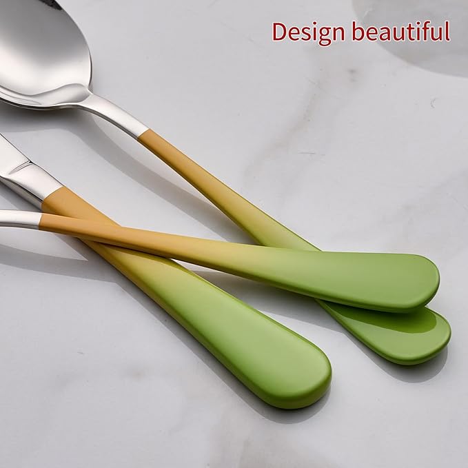 Colorful Silverware Set 20 Piece 18/0 Stainless Steel Flatware Green and Orange Handle Cutlery Set Service for 4 Fork Knife Spoon Set Mirror Finish Dishwasher Safe
