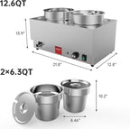 Valgus Commercial Stainless Steel Bain Marie Food Warmer 2 Round Pots Electric Soup Warmer with Lid and Tap for Home, Catering, Buffet