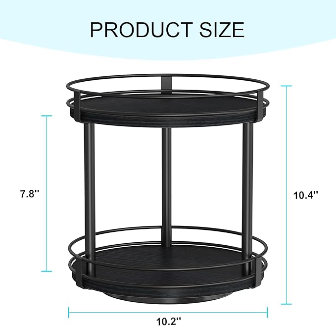 Snughome Lazy Susan Spice Rack, 2 Tier Rotating Spice Rack, Wood Lazy Susan Organizer for Cabinet, Black Kitchen Counter Shelf, 10.2" x 10.2" x 10.4"