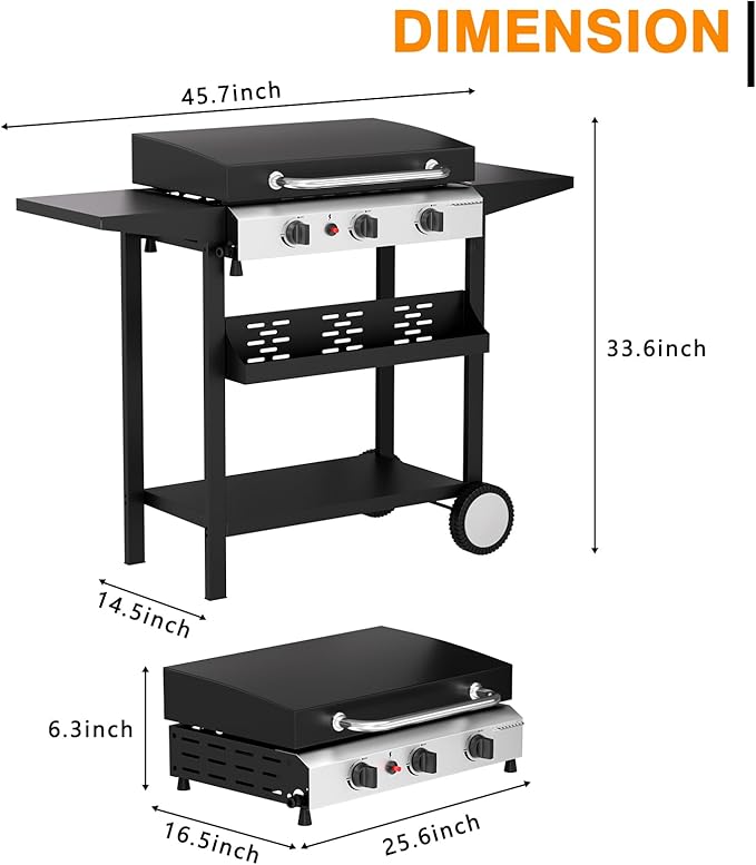 3 Burner BBQ Gas Griddle with Hood, 25.6 Inch Stainless Steel Portable Detachable Propane Griddle, 45,000 BTU Flat Top Grill with Side Shelves for Camping, Silver