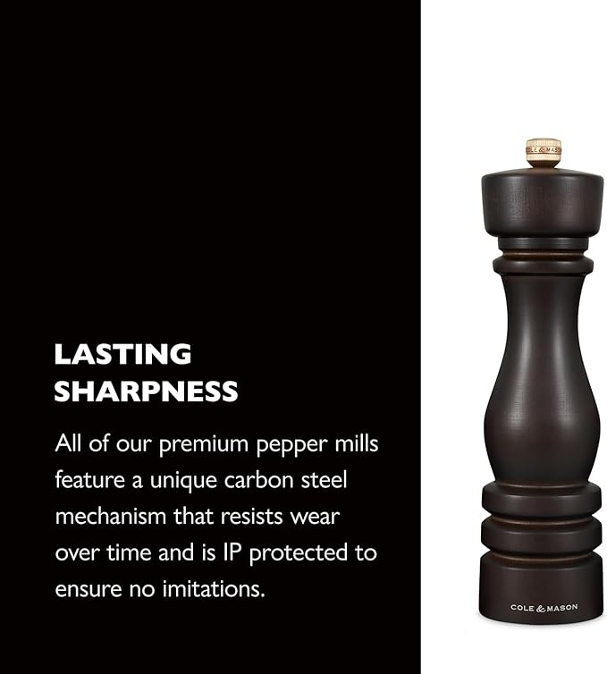 Cole & Mason London Refillable Spice Mill - Kitchen & Home Accessory - Salt & Pepper Grinder Set - Salt Mill with Ceramic Mechanism - Pepper Mill with Carbon Steel Mechanism - 8", Chocolate Wood