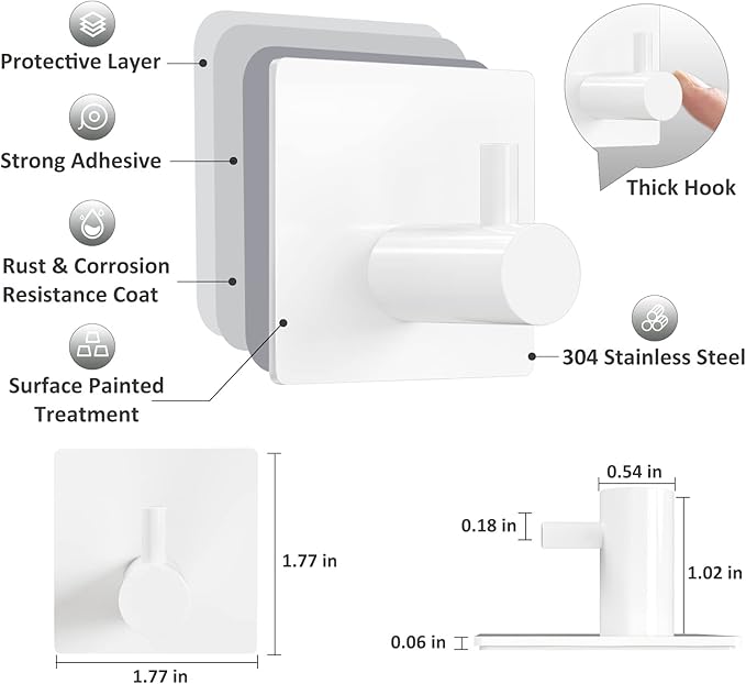 VIS'V Adhesive Towel Hooks, Waterproof Shower Wall Stick on Hooks, 2 Extra Adhesive Strips, White, 4 Pcs