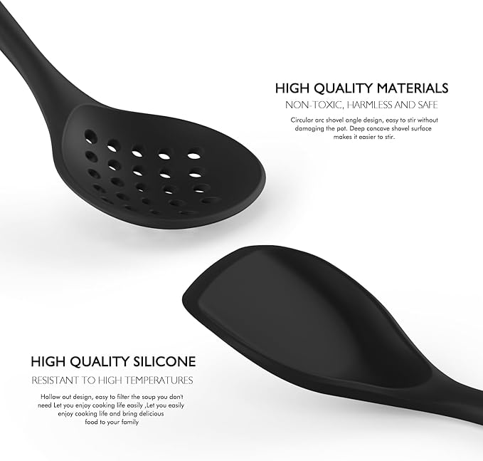 Large Silicone Cooking Utensils Set - Heat Resistant Silicone Kitchen Utensils for Cooking w Wooden Handles, Spatula Set, Kitchen Utensil Gadgets Sets for Non-Stick Cookware, BPA Free (Black)