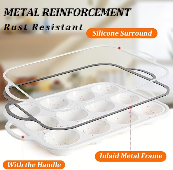Silicone Muffin Pan, with Metal Reinforced Frame 2.8 Inch Regular Size Silicone Cupcake Pan Nonstick 12 Cups for Baking Homemade Muffins, Cupcakes, Egg Bites 2 Pack Dishwasher Safe BPA Free