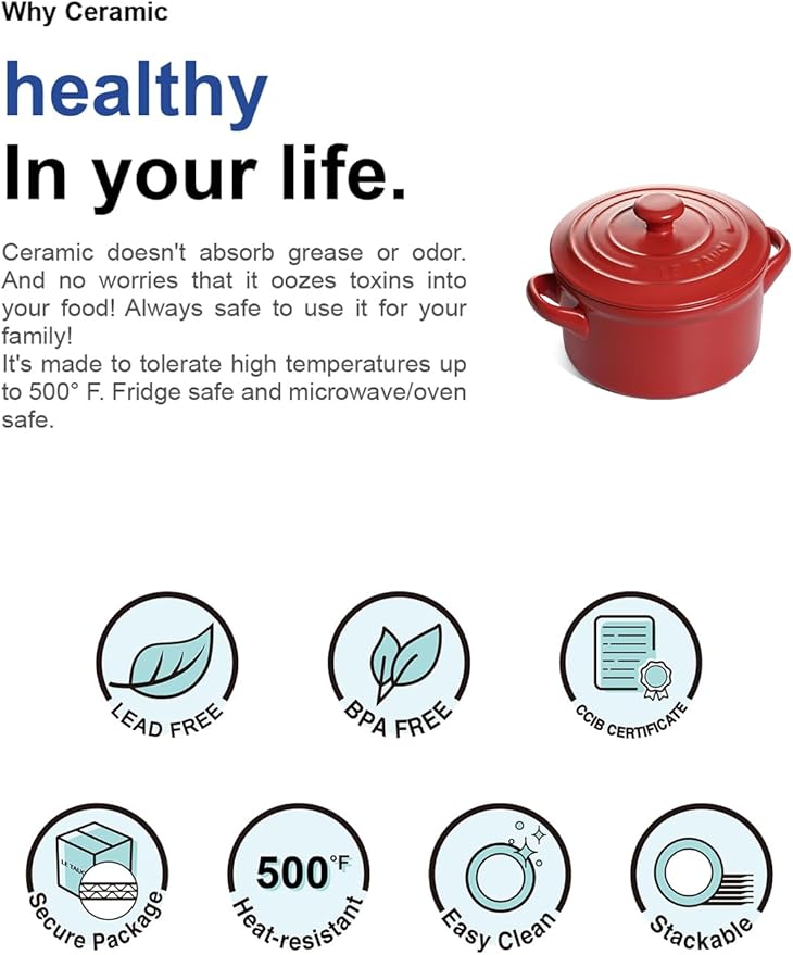 LE TAUCI 3 Quart Ceramic Dutch Oven - Lightweight, Non-Toxic, No Seasoning Needed- Oven, Microwave & Dishwasher Safe, Dutch Oven Pot with Lid for Sourdough, Soup & Stew, Chili Red