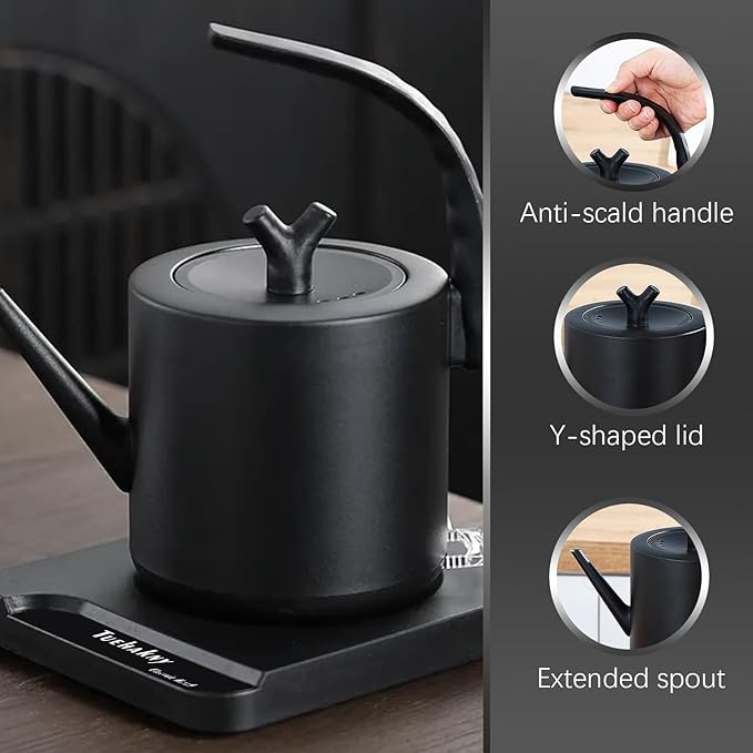 1.0L Gooseneck Electric Kettle - 304 Stainless Steel, 800W Fast Boiling with Auto Shut-Off, Precision Pour Over Kettle for Coffee & Tea, BPA-Free Matte Black Design, For Kitchen, Home, Office