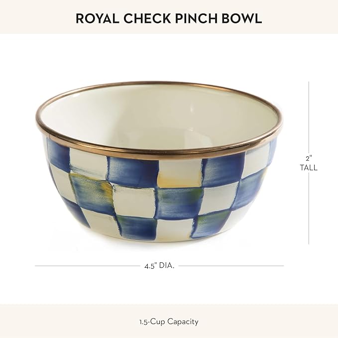 MACKENZIE-CHILDS Enamel Pinch Bowl, Small Bowl for Kitchen Ingredients, 1.5-Cup Capacity, Blue-and-White Royal Check