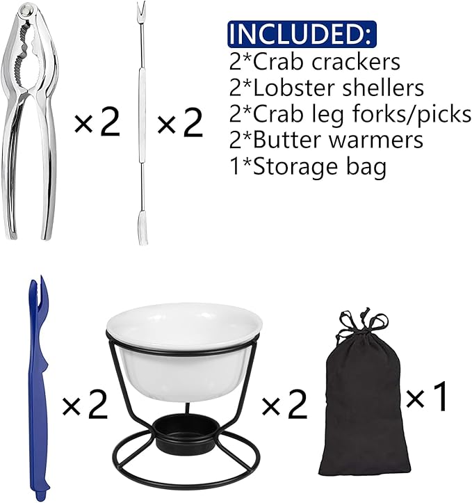 Crab Leg Crackers Seafood Tools Set includes 2 Crab Crackers, 2 Lobster Shellers, 2 Crab Leg Forks/Picks and 2 Butter Warmers for Seafood