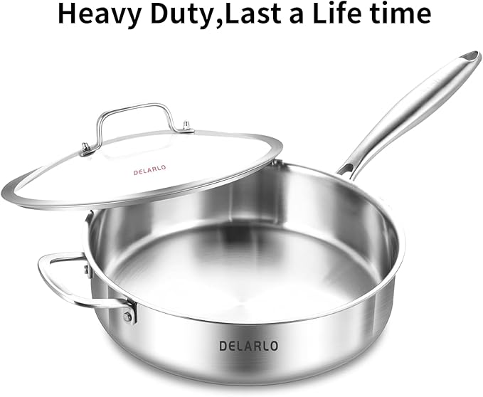 DELARLO Tri-Ply Stainless Steel Saute Pan With Lid 5.5QT,12.3Inch Deep Frying pan,Induction Large Skillet,Jumbo Cooker,Efficent Fast Even Heating Cooking Pan Dishwasher and Oven Safe