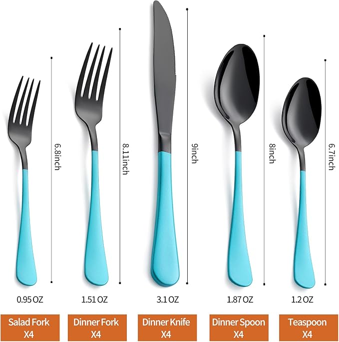 20 Piece Black Sky Blue 18/0 Flatware Utensil Set for 4, Include Dinner Knife,Dinner Forks,Dinner Spoons,Salad Forks,Teaspoons,Silverware Set for 4, Dishwasher Safe