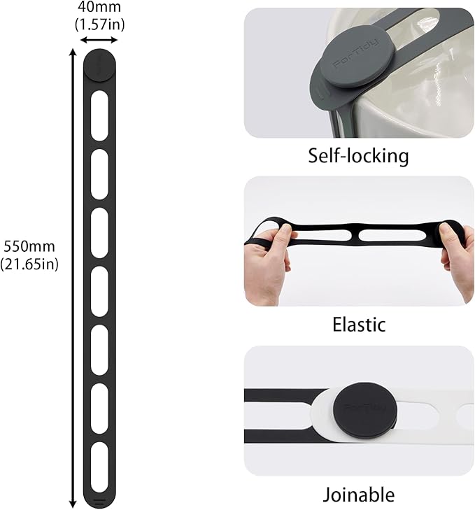 Silicone Latch Strap for Slow Cooker Lid, Pot, Bento Box, 21.65 In Reusable Elastic Self-Lock Silicone Tie for Bundling or Organizing Curtain, Cords, Yoga Mat, Camping Mat, 2pcs (Black&Black)