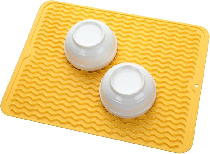 Silicone Dish Drying Mat for Multiple Usage,Easy clean,Eco-friendly,Heat-resistant Silicone Mat for Kitchen Counter or Sink,Refrigerator or drawer liner Yellow L 16 inches x 12 inches