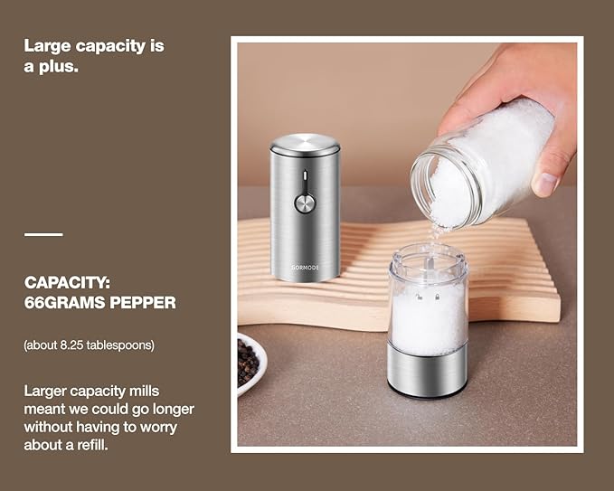 Electric Pepper Grinder and Salt Mill Set - Large Capacity USB Rechargeable Automatic Grinder with Dual LED Lights, One-Handed Operation & Slide Cover - Brushed Stainless Steel