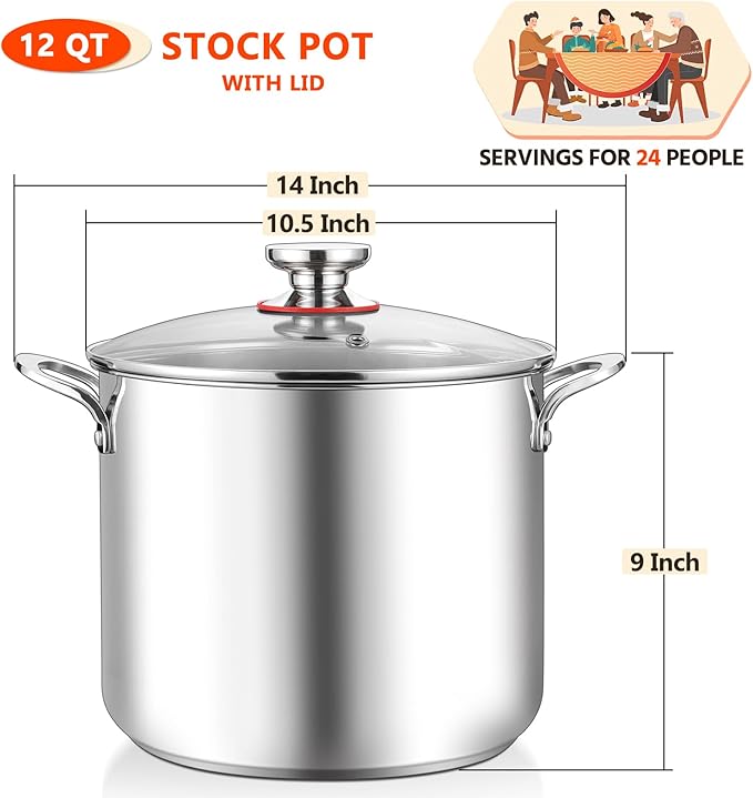 E-far 12-Quart Stock Pot, 18/10 Stainless Steel Stockpot with Lid for Cooking Simmering Soup Stew, Heavy Duty Cookware Works w/Induction, Non-toxic & Corrosion Resistant, Dishwasher Safe
