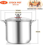 E-far 12-Quart Stock Pot, 18/10 Stainless Steel Stockpot with Lid for Cooking Simmering Soup Stew, Heavy Duty Cookware Works w/Induction, Non-toxic & Corrosion Resistant, Dishwasher Safe