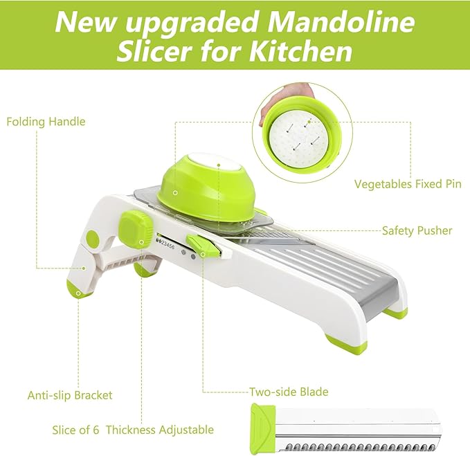 Mandoline Slicer for Kitchen, Adjustable Stainless Steel Mandoline Food Slicer, Onion Potato Cucumber Tomato Carrot Vegetable Fruit Slicer, Mandolin Veggie Cutter with Food Holder, Green