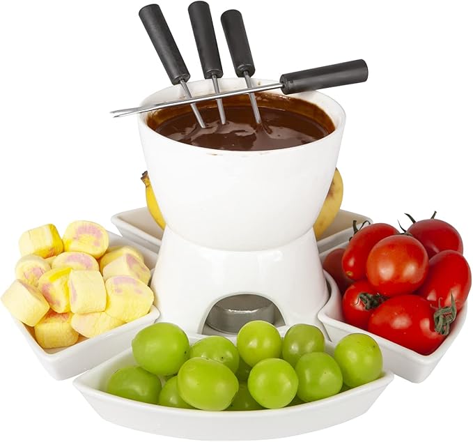 Fondue Set with 4 Dipping Bowls and 4 Forks, Ceramic Fondue Kit Premium Tea Light Porcelain Melting Pot for Cheese, Chocolate and Tapas