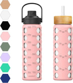 MUKOKO 24oz Glass Water Bottle with 2 Lids-Handle Flip Lid&Bamboo Straw Lid,Motivational Water Tumbler with Time Marker Reminder and Silicone Sleeve, Leakproof-Pink