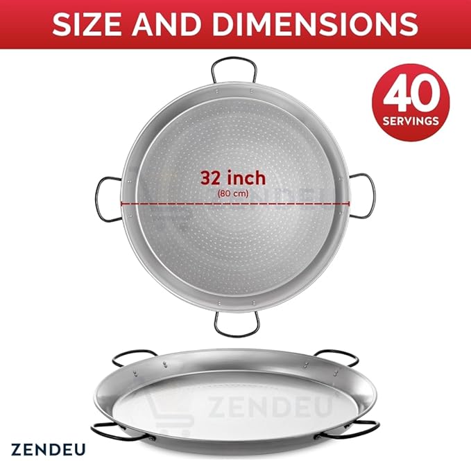 Paella Pan 32 inch (4 Hangers) - Carbon Steel Paella Pan, Made in Spain - Polished Steel, 32 in - 80 cm (40 Servings) Cook your own Spanish Paella