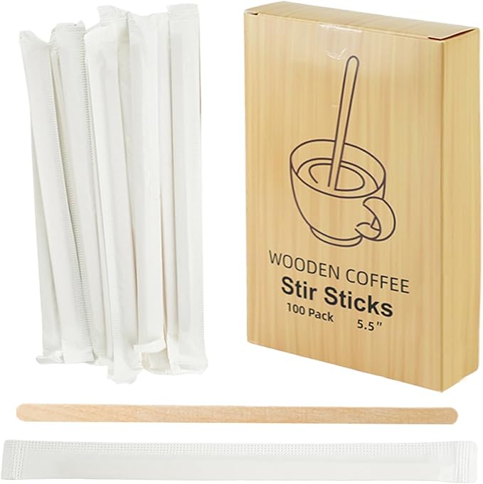 100 Pcs Coffee Stirrers Individually Wrapped, 5.5 Inch Wooden Coffee Stir Sticks, Coffee Stirs Disposable with Smooth Round Ends for Coffee, Cocktail, Drinks Coffee Bar Accessories